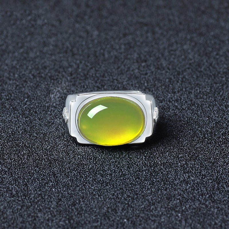 Men's Green Chalcedony High-grade Sense Open Agate Emerald Sier-plated Ring
