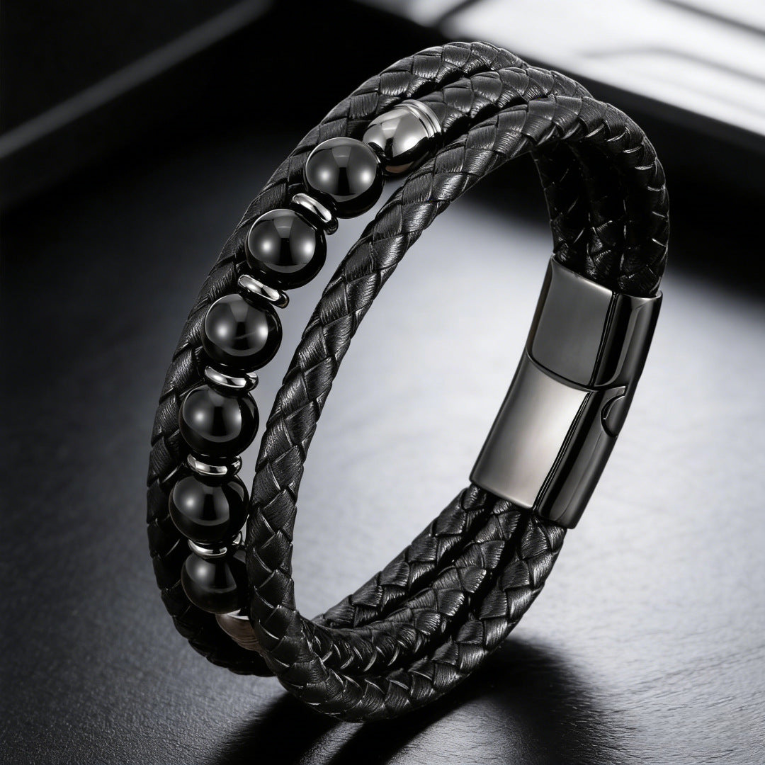 Men's Woven Leather Color Beaded Source Bracelets