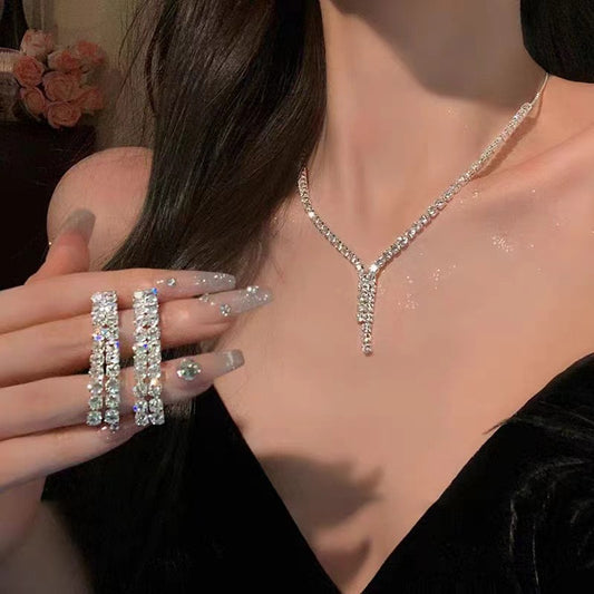Women's Shiny Full Rhinestone Zircon Tassel Light Luxury High-grade Clavicle Chain Jewelry Set