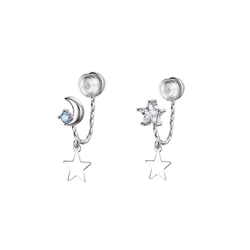 Women's Fresh Blue Dream Planet Asymmetric Zircon Star Moon Earrings