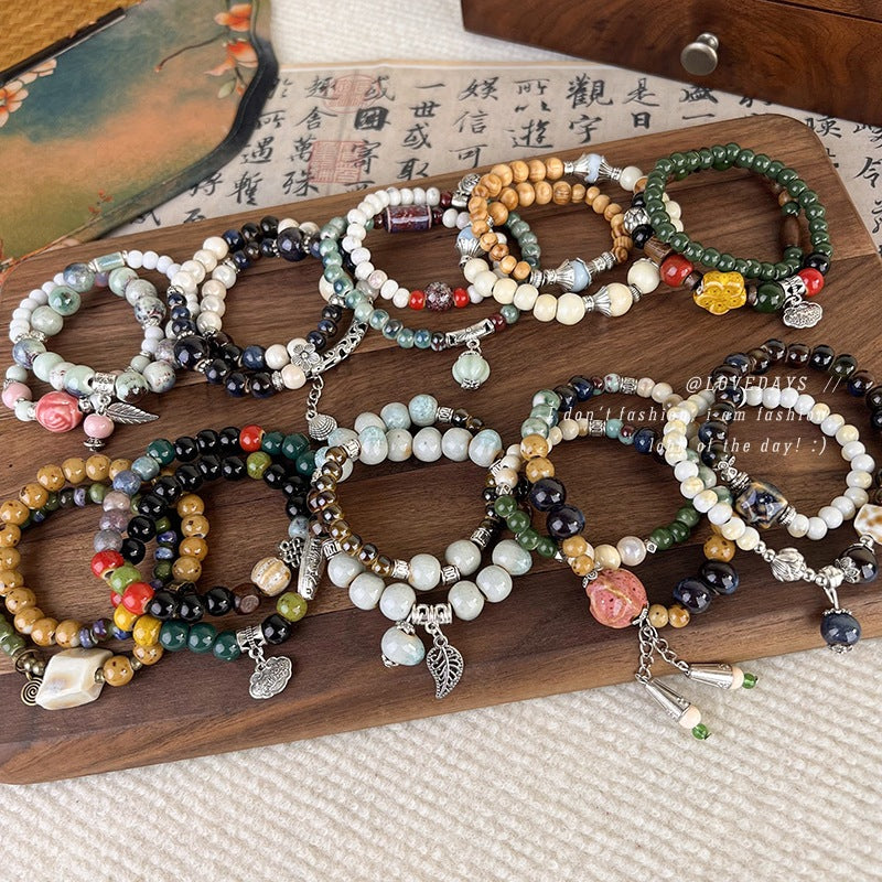 Bracelets élastiques rétro ethniques perlés en céramique de style chinois