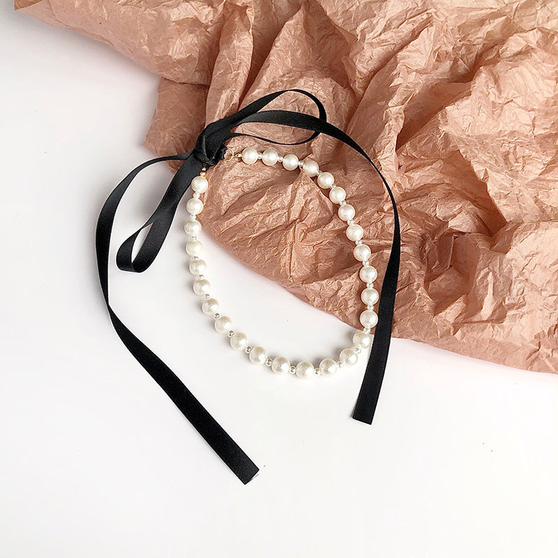 Women's Pearl Black Ribbon For Simple Cold Necklaces