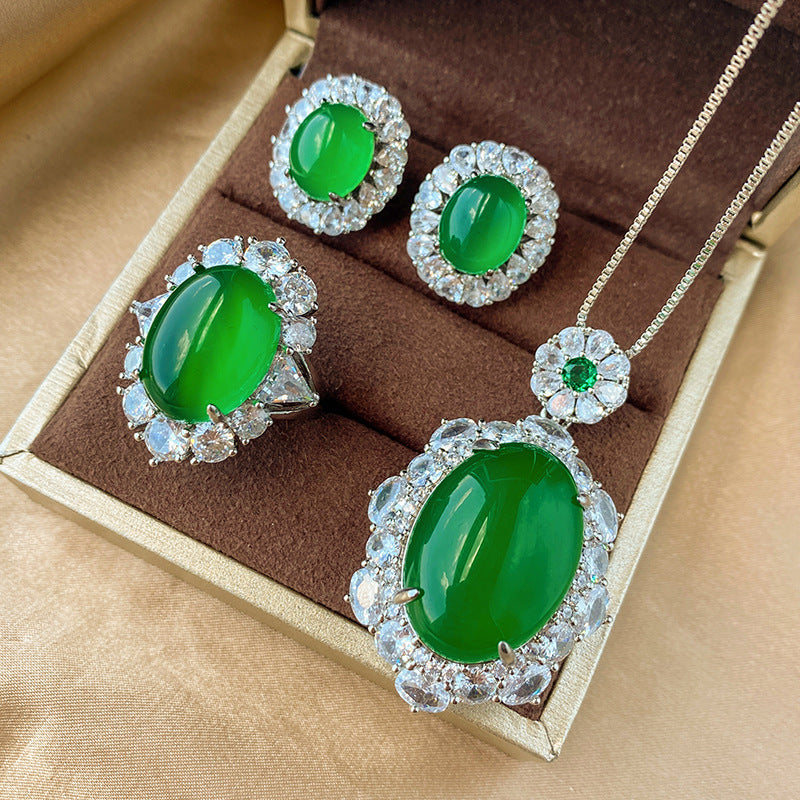 Sheng Copper Sole Gold Plated Fluorescent Green Chalcedony Jewelry Set
