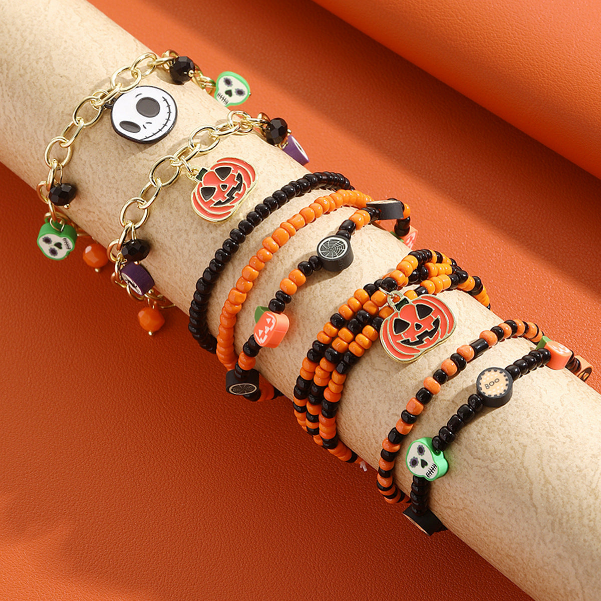 Women's Polymer Clay Skull Pumpkin Beaded Chain Bracelets