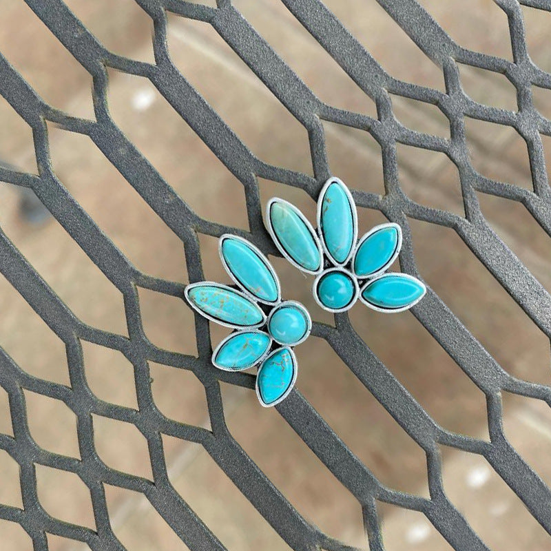 Retro Personalized Fan-shaped Turquoise Creative Petals Stud Earrings