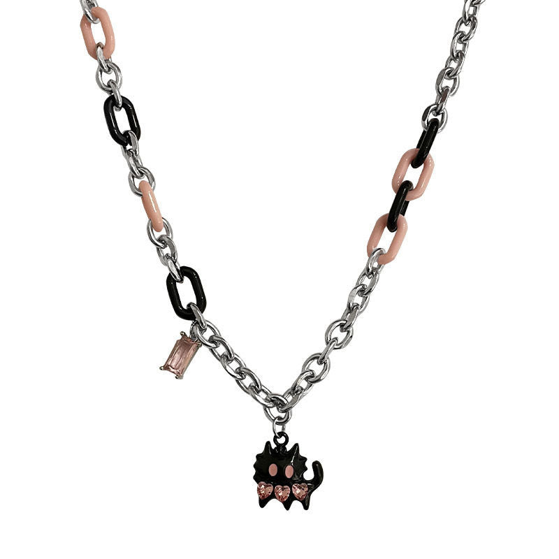 Women's Pink Black Titanium Steel Chain Stitching Necklaces