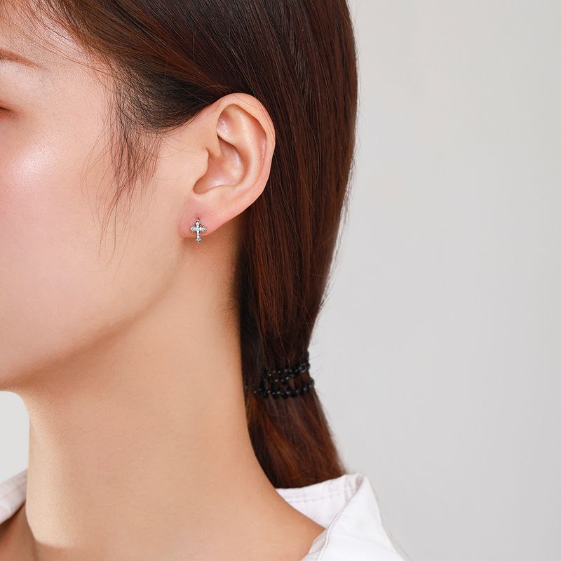 Cross Female Korean Simple Temperamental Rhinestone Design Stud Earrings