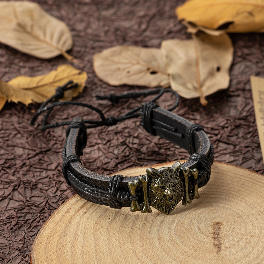 Bracelets en cuir rétro tête de loup, personnalité en Bronze