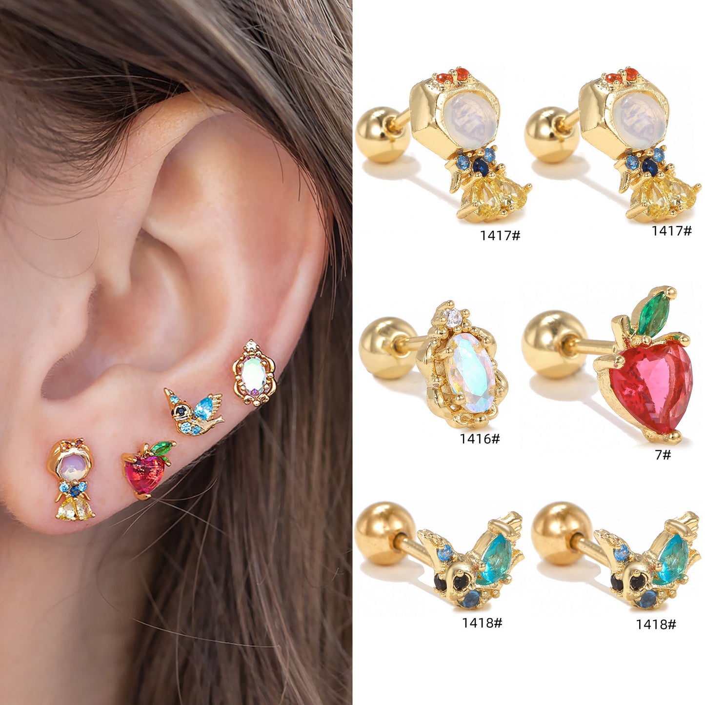 Color Zircon Ear Bone Light Luxury Cartoon Princess Earrings