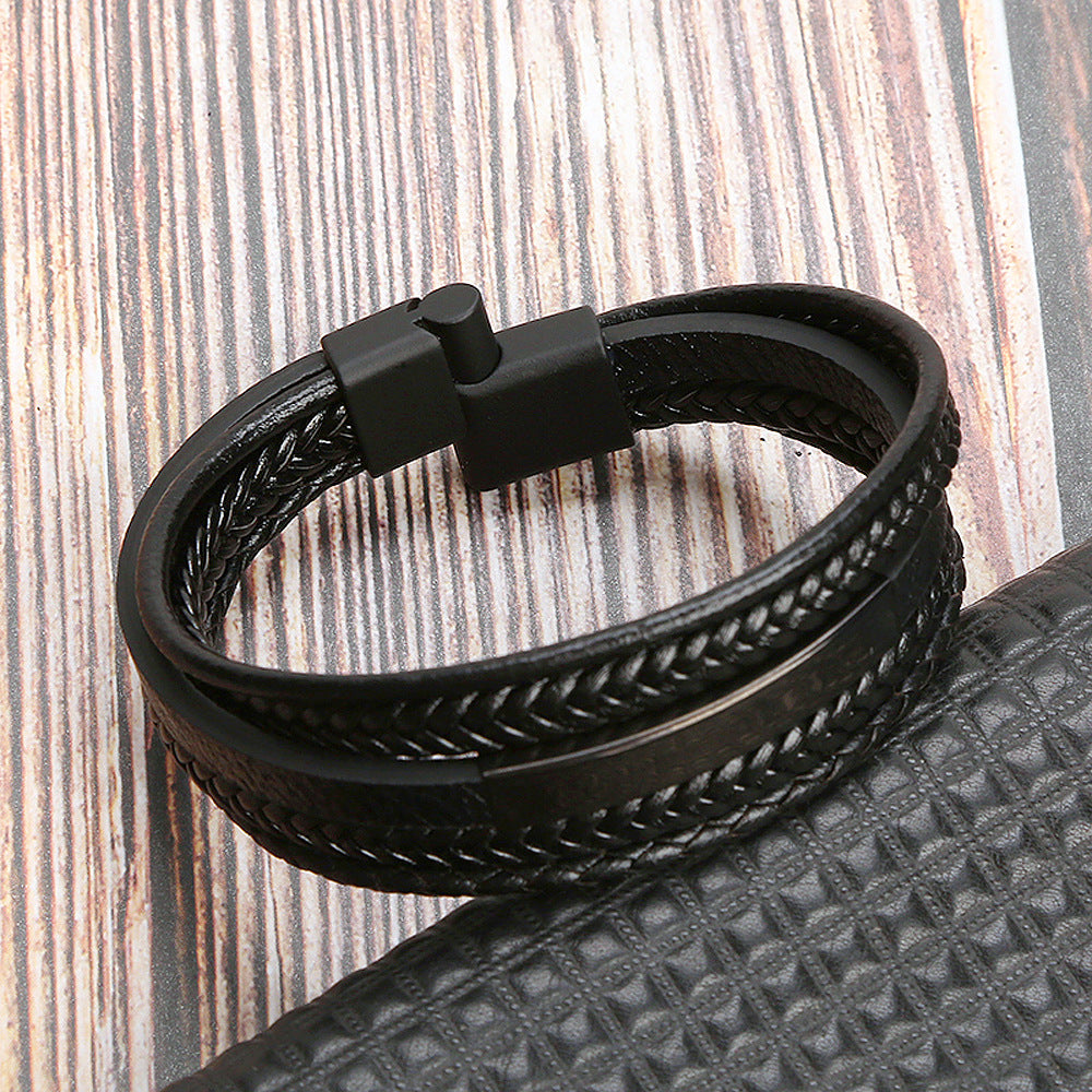 Men's Leather Retro Woven Stainless Steel Magnetic Bracelets