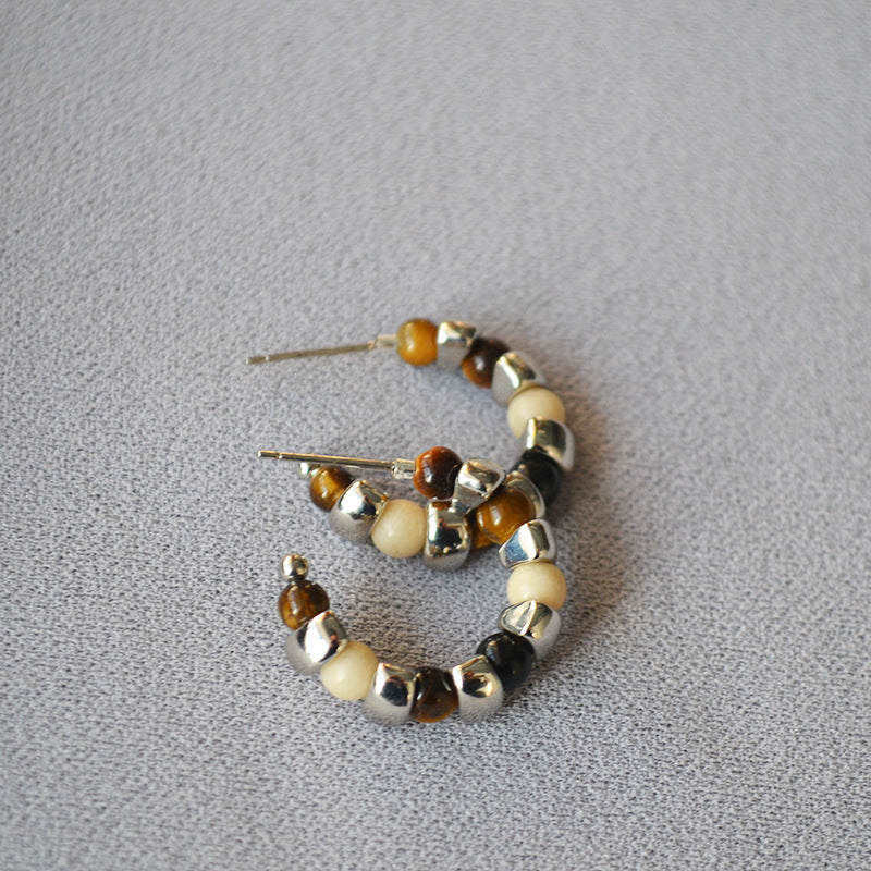 Design Vintage Tigereye Sier Beaded Simple Personality Temperament Ear Rings