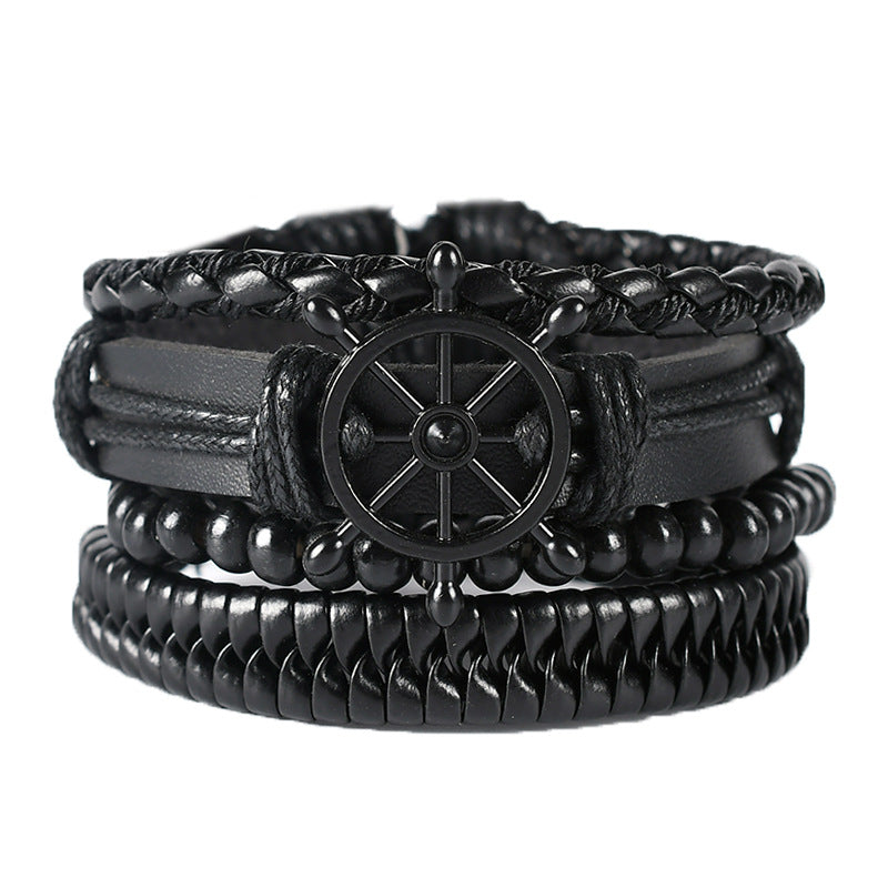 Handmade Woven Leather Punk Wristband Alloy Bracelets