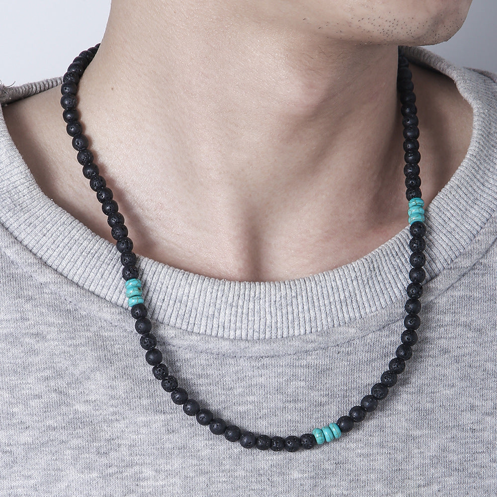 Black Frosted Volcanic Rock Beaded Bohemian Stainless Necklaces