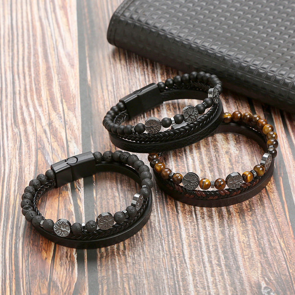 Men's Natural Stone Stainless Steel Volcanic Rock Magnetic Buckle Bracelets