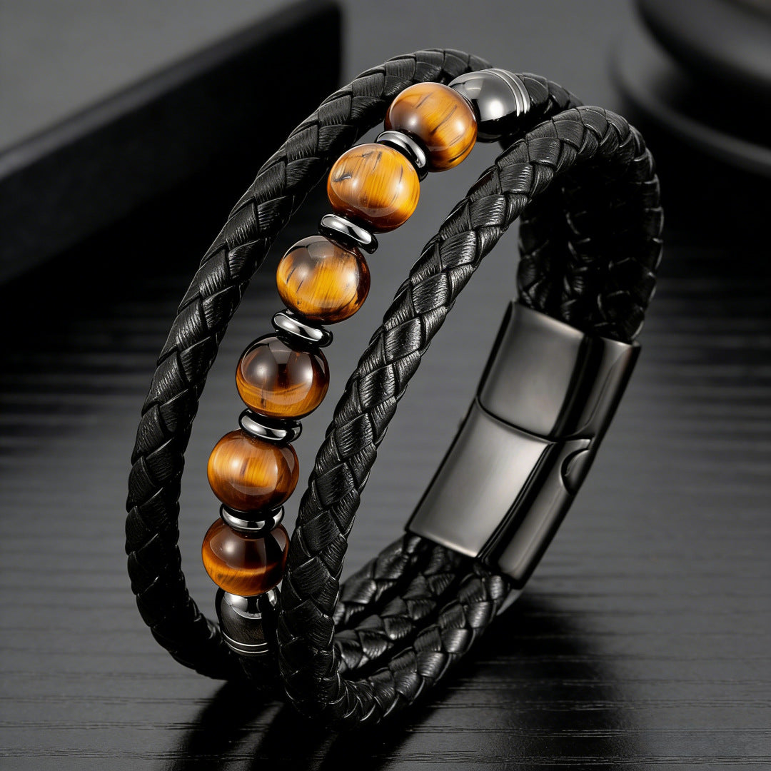 Men's Woven Leather Color Beaded Source Bracelets