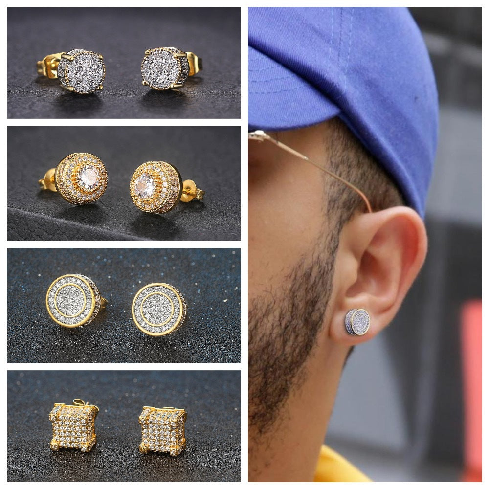 Full Zircon Finely Inlaid Male Gold Earrings