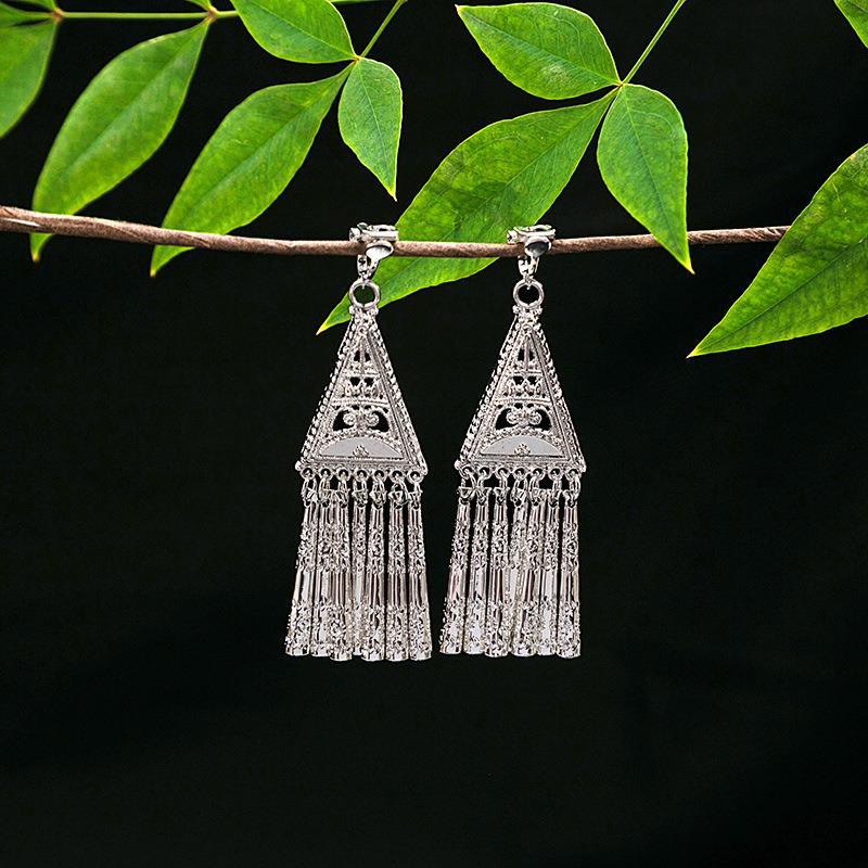 Women's Ethnic Geometric Tassel Ear Clip Miao Sier Retro Elegant Earrings