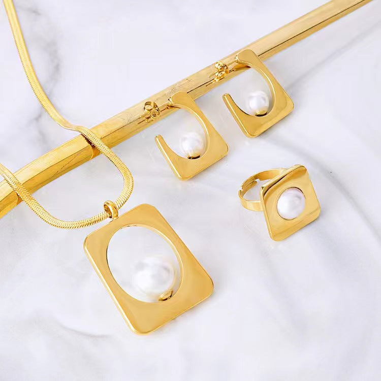 Geometric Square Pearl Titanium Steel No Jewelry Set