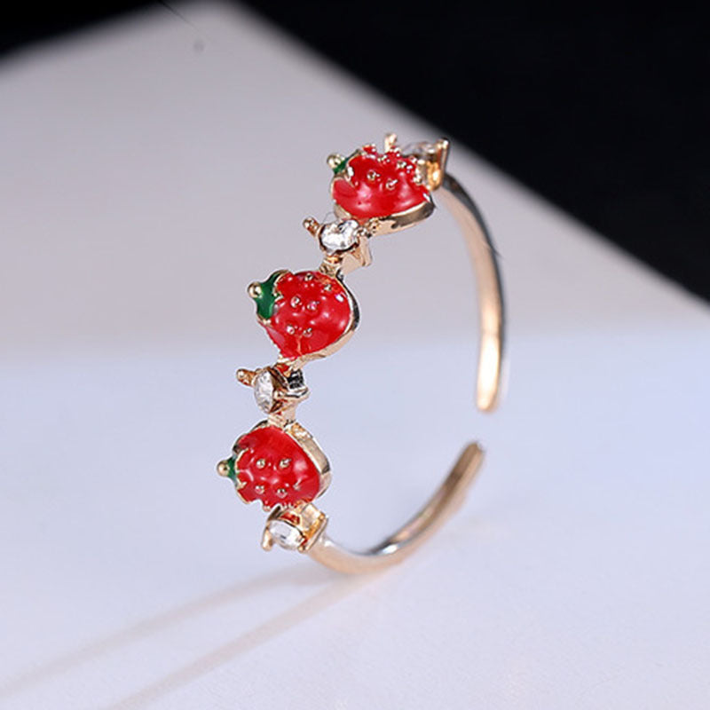 Cute Red Strawberry Female Rhinestone Index Ring