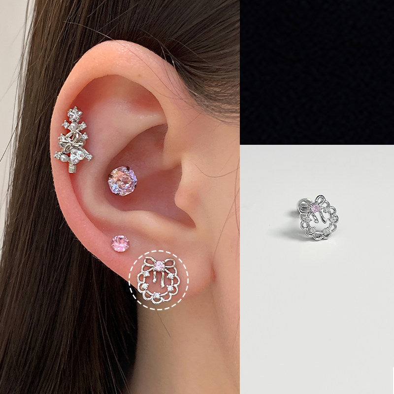 Pink Christmas Devil Ear Bone Snowflake Titanium Stud Earrings