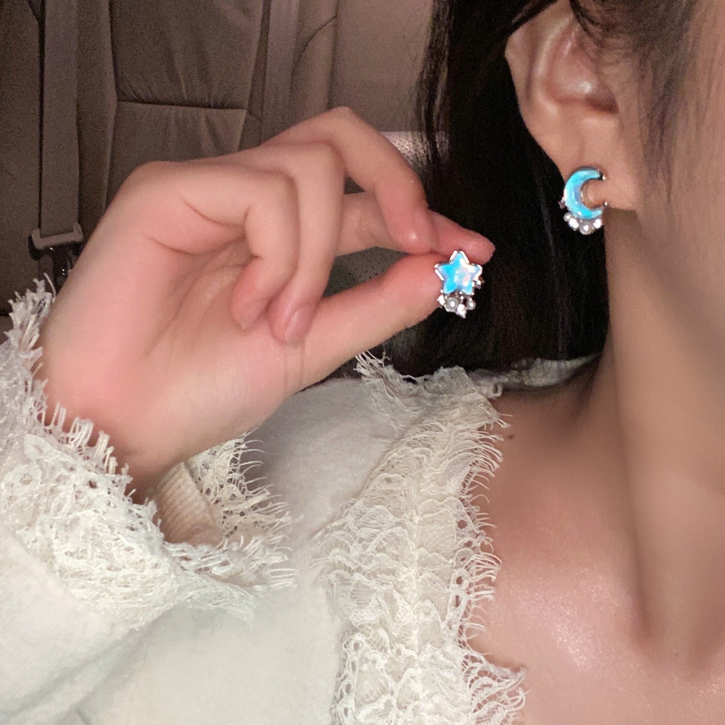Blue Asymmetric Star Moon Pearl Female Design High-grade Ear Stud Earrings