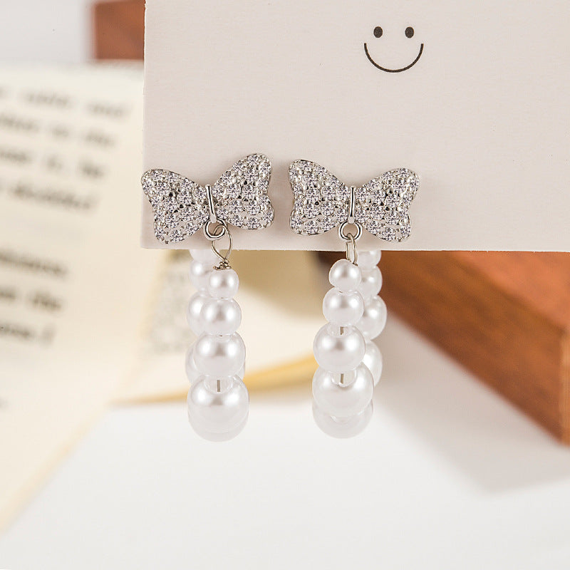 Women's Full Diamond Bow Pearl For Sweet Elegant Earrings