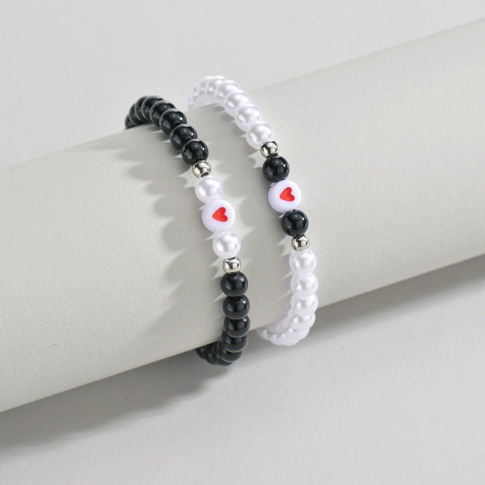 Fashion Couple Pearl Obsidian Beaded Love Bracelets