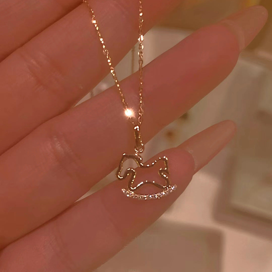 Children's Rhinestone Small Wooden Horse Female Temperamental Minority Design Style Stylish Necklace
