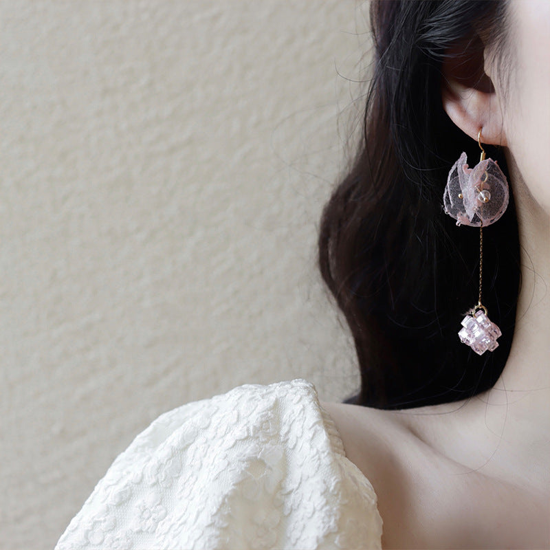 Fairy Pink Chiffon Flower Crystal Beaded Long Ear Clip