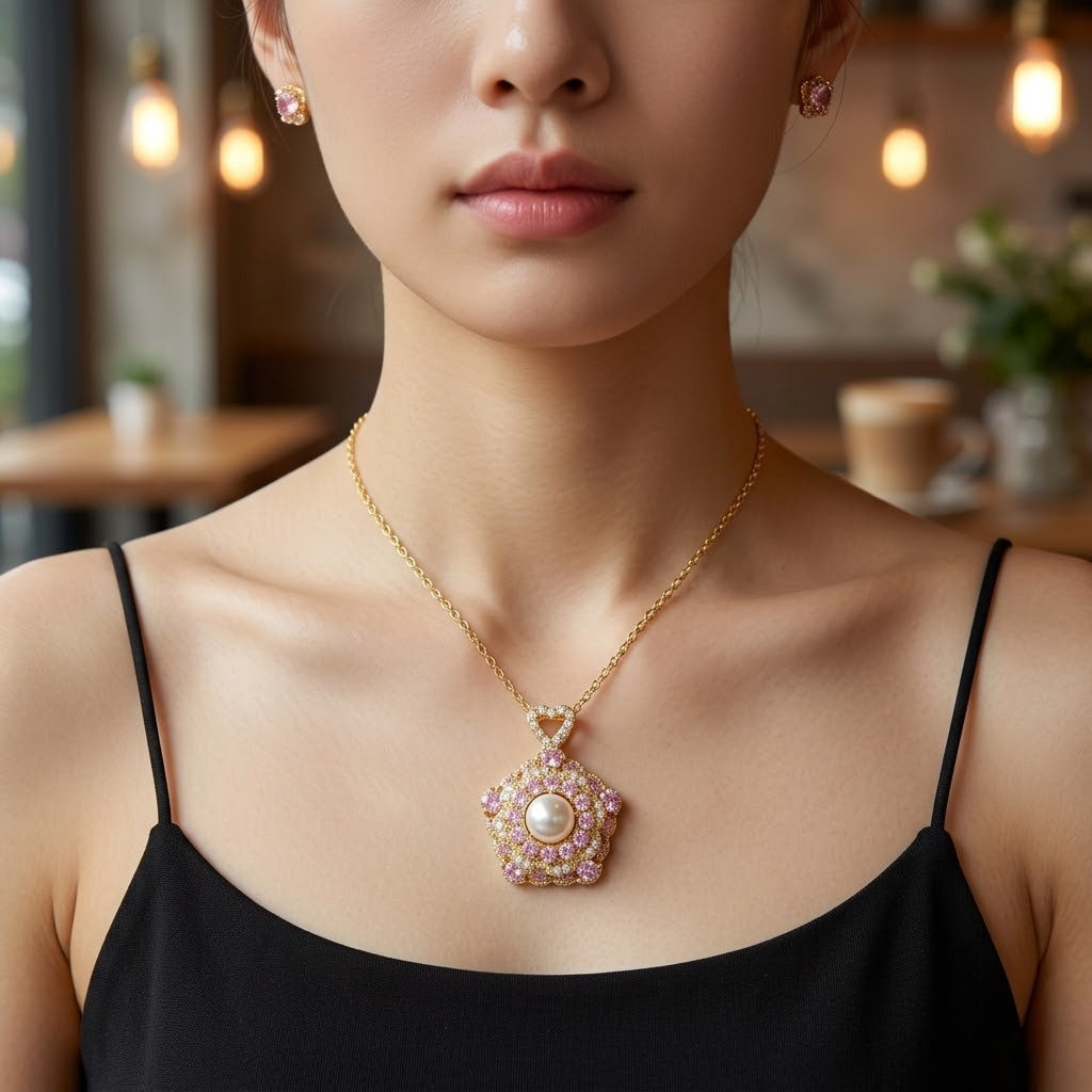 Female Pink Flower Zircon Niche Design Temperament Necklace