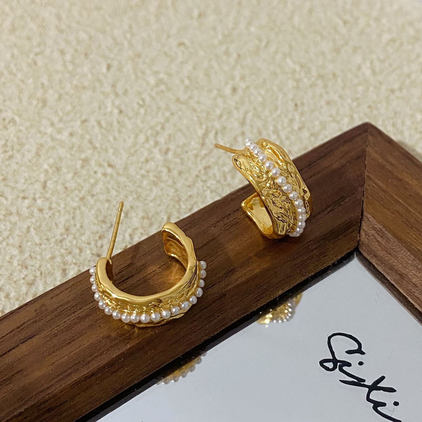 Copper Plated Gold Pleated Texture Irregular Small Beads Female Earrings