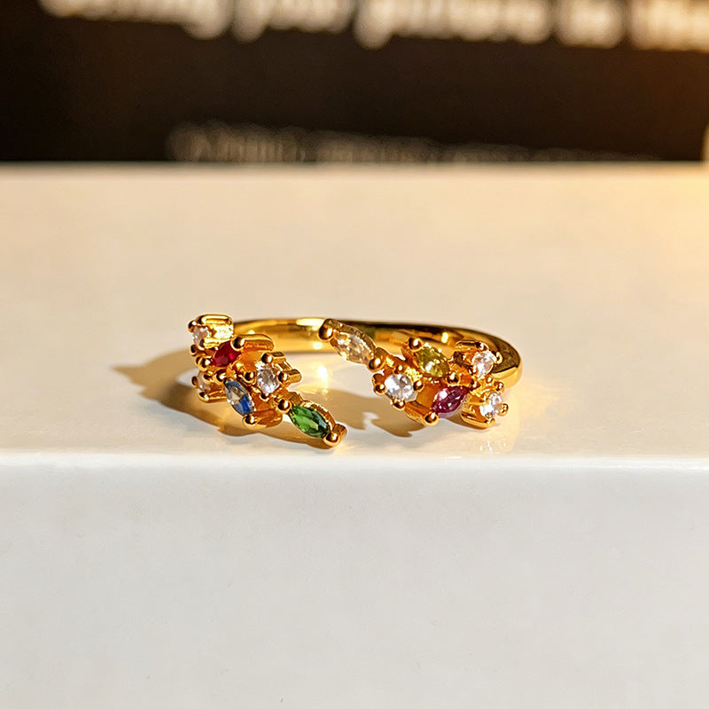 Palace Style Colored Gems Sunflower Open French Retro Flower Twin Ring