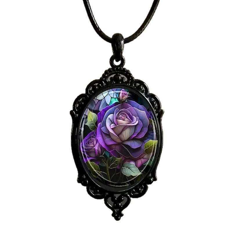 Flowers Print Black Frame Glass Chain Romantic Gift Necklaces