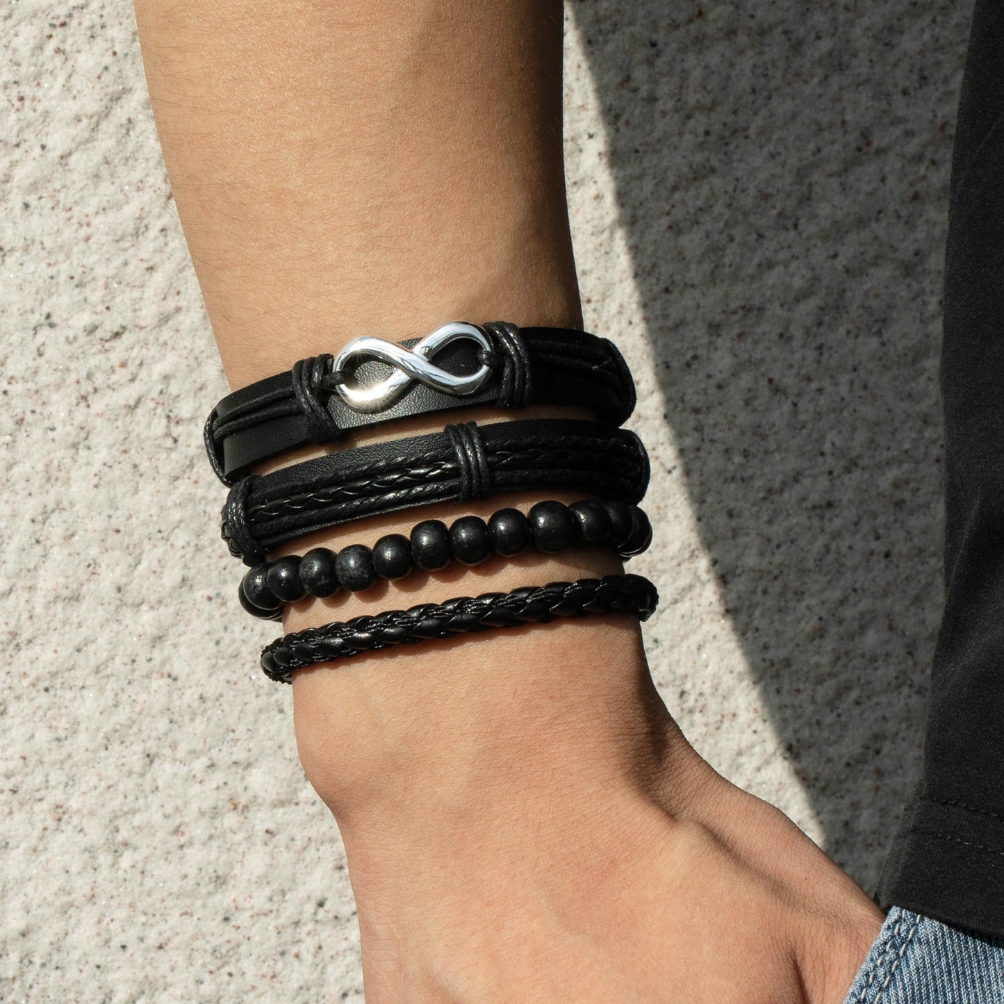 Men's Black Leather Bead Stylish Adjustable Bracelets