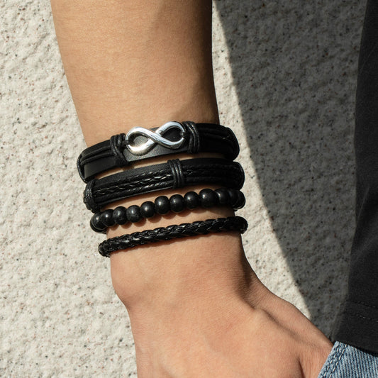 Men's Black Leather Bead Stylish Adjustable Bracelets