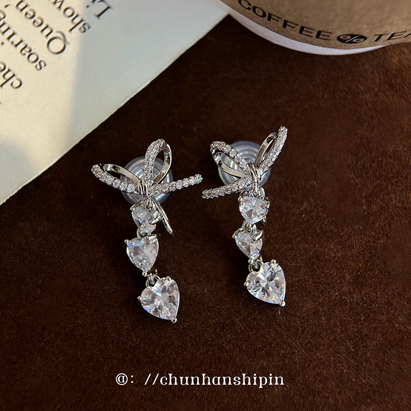 Women's Bow Loving Heart Zircon For Light Luxury Minority Design High-grade Earrings