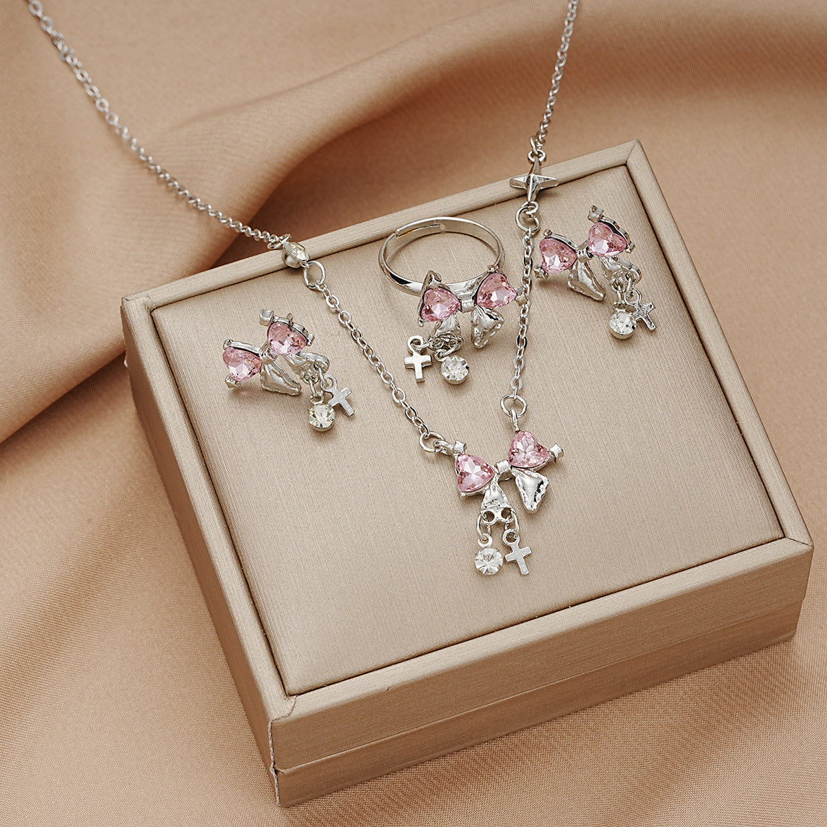 Fresh Sweet Inlaid Zircon Bow Cross Jewelry Set