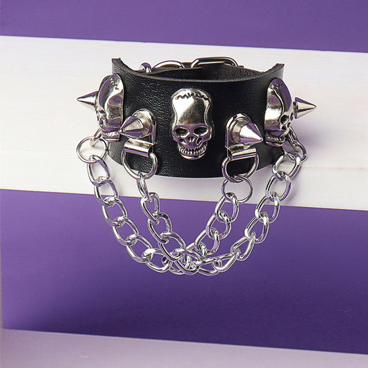 Punk Skull Rivet Tassel Chain Leather Bracelets