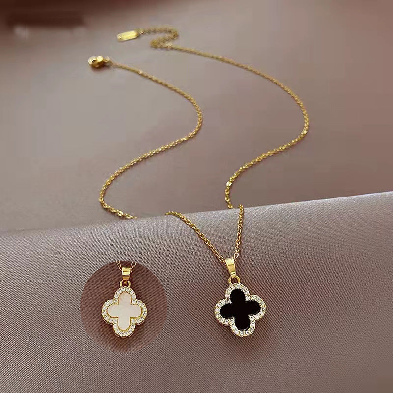 Women's Gold Diamond Clover Black And White Necklaces