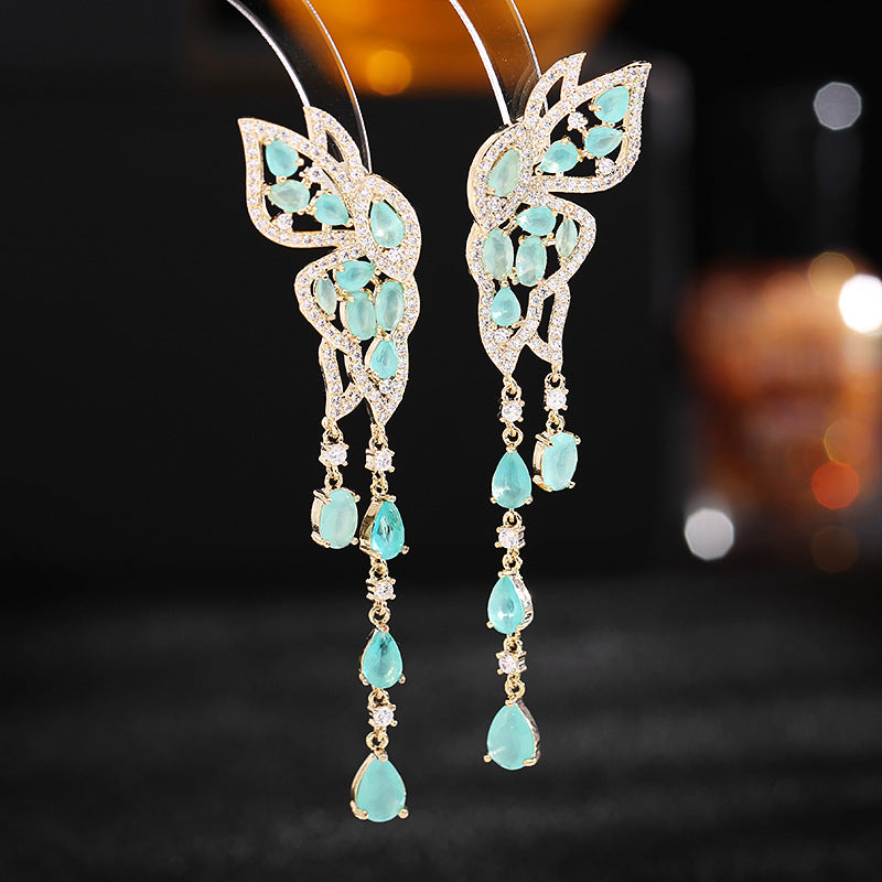 Sier Needle Color Zircon Inlaid Double Flying Long Modified Earrings