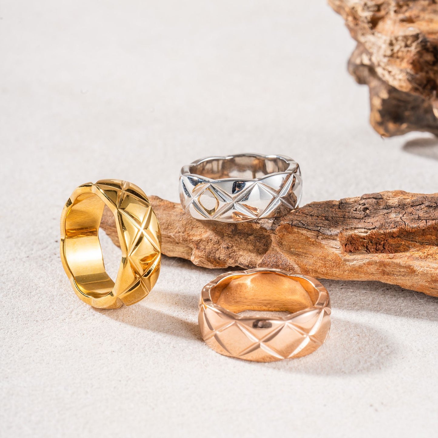 Classic Style Rhombus High Version Narrow Wide Couple Rose Gold Ring