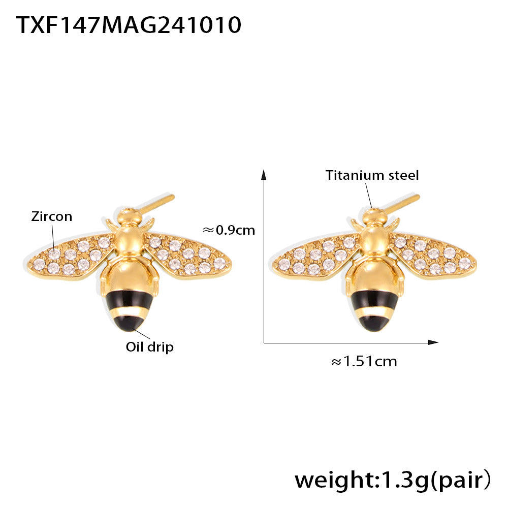 Fashion Dripping Zircon Industrious Bee Textured Titanium Earrings