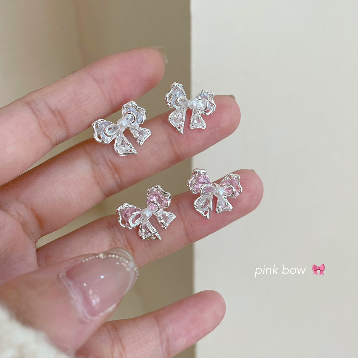 Pink Zircon Bow Female Sier Needle Korean Earrings