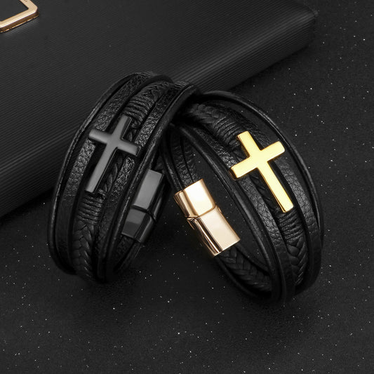 Herren-Kreuz-Leder-handgefertigte geflochtene Seil-Magnetarmbänder