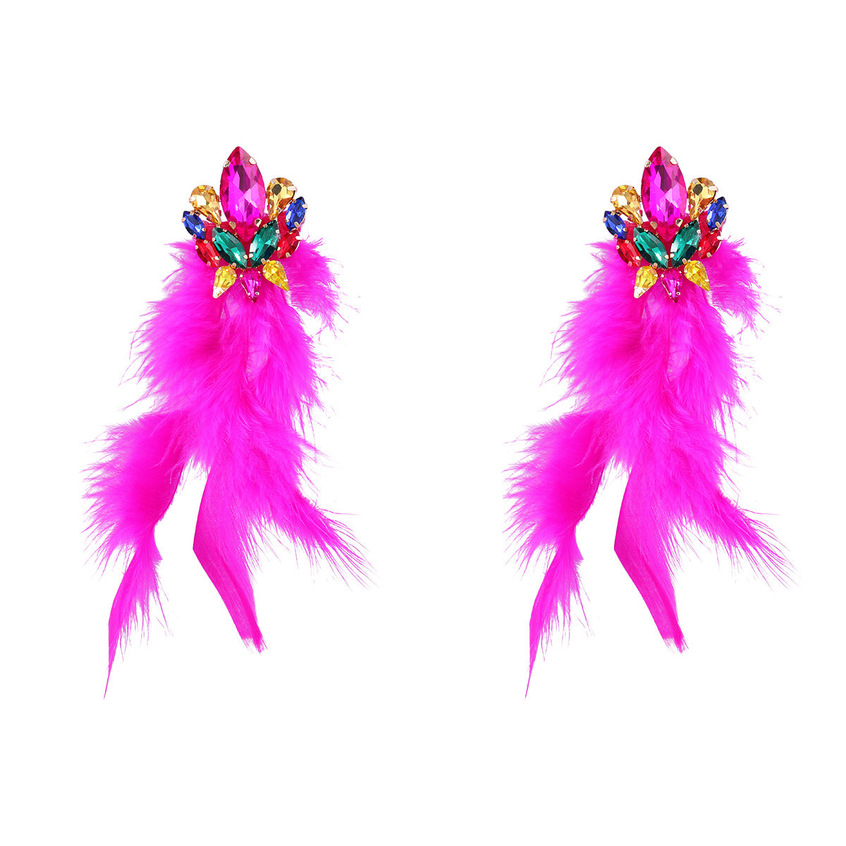 Boucles d'oreilles femme à pompon en plumes longues et fleur de diamant