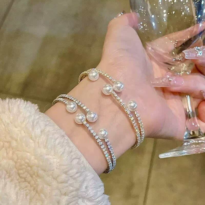 Women's Fashion Two-row Pearl Open Rhinestone Can Replace Stick Mark Bracelets