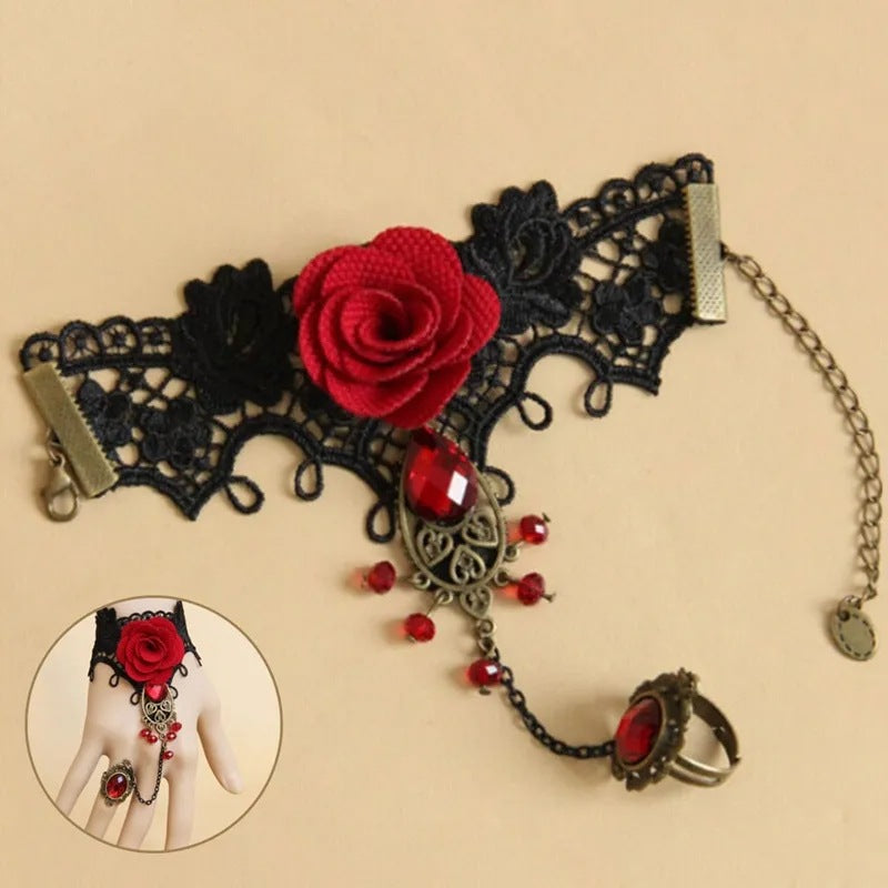 Bracelets noirs de vampire en dentelle de style rose d'Halloween pour femmes