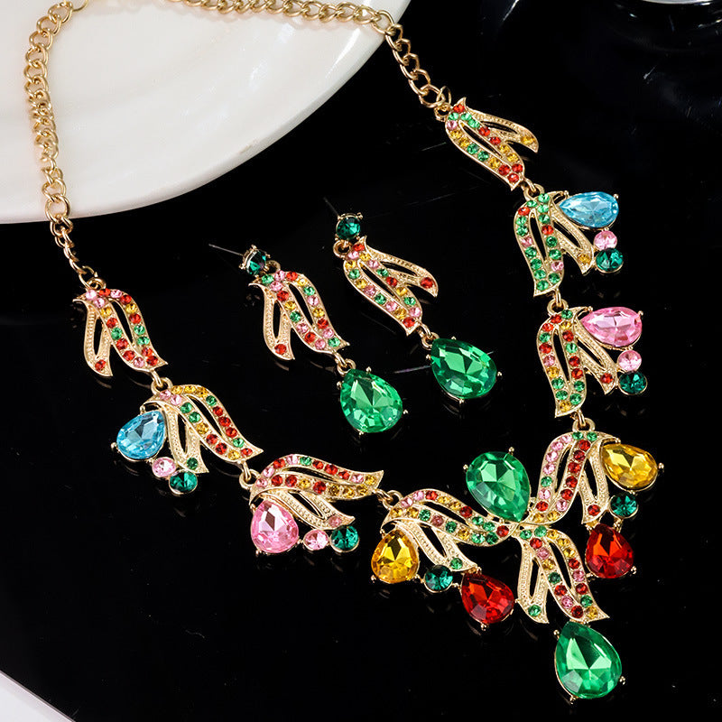 Female Alloy Diamond Full Flower Exaggerated Sweater Jewelry Set
