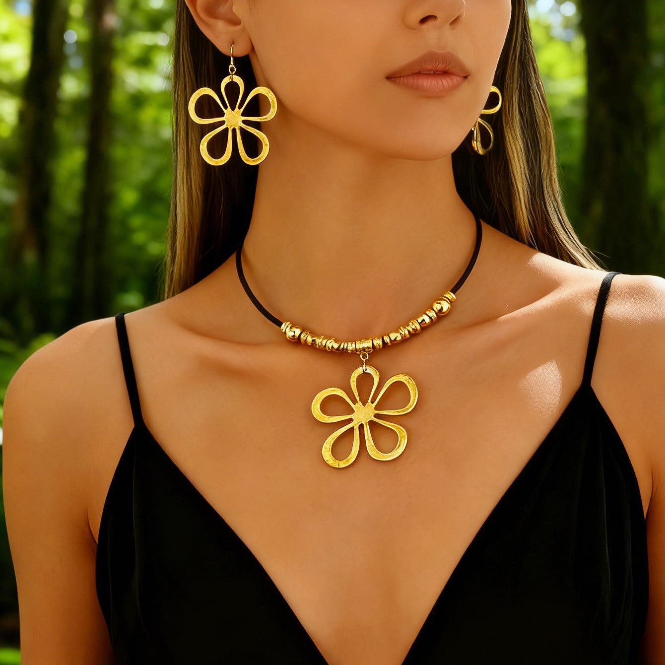 Classy Black Rope Geometric Hollow Flower Jewelry Set