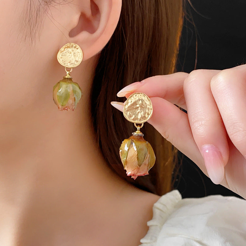 Women's Retro Handmade Real Flower Eternal Bud Sier Pin Fashionable Elegant Rings